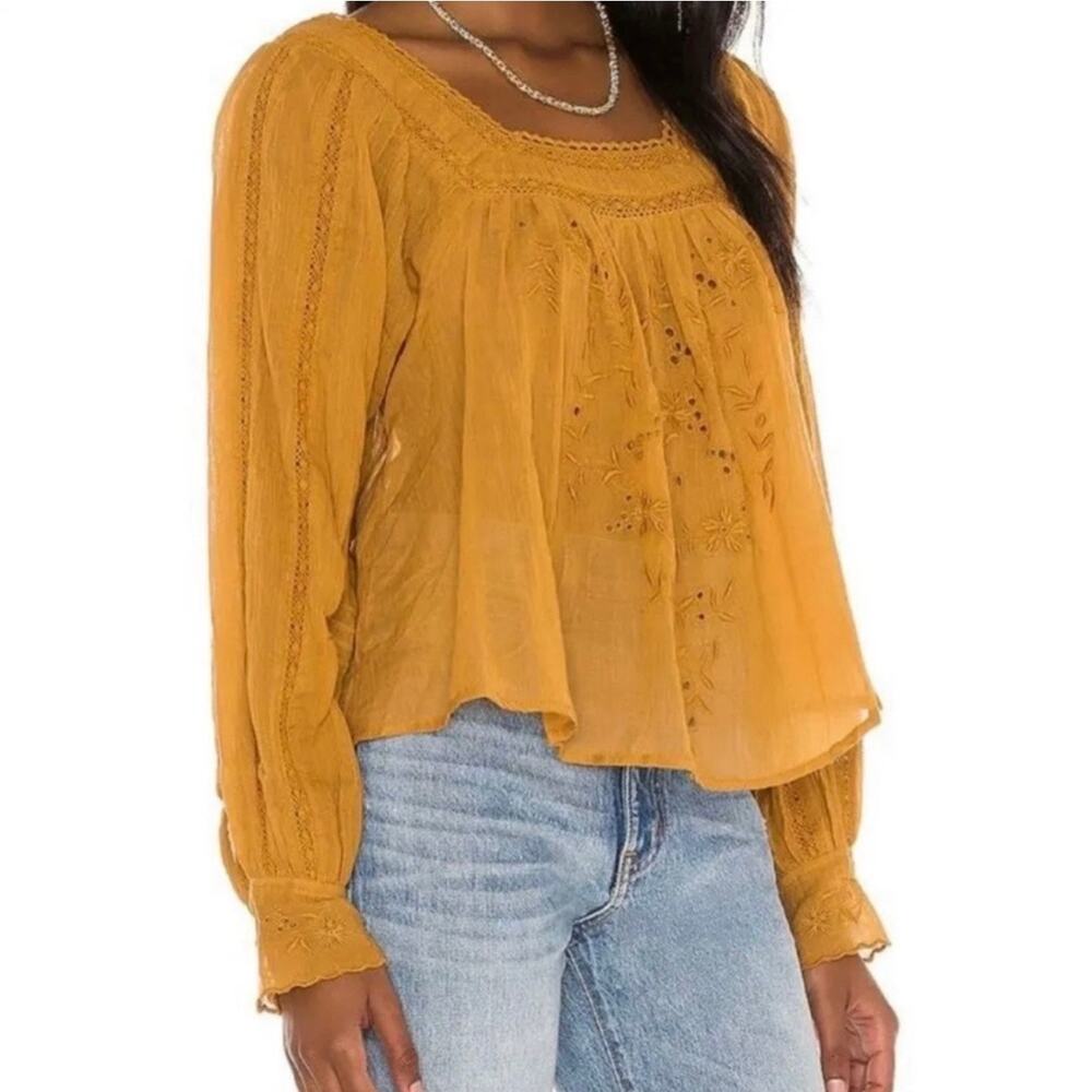 NWT Free People Faraway Fields Top Mustard Embroidered Flowy Boho Casual Size S - Picture 15 of 16